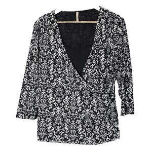 Vintage y2K surplice black white floral V-Neck Mock wrap Cottage whimsigoth XL